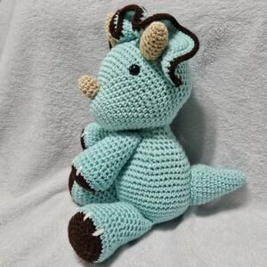 Handmade Crocheted Triceratops Amigurumi Stuffed Toy Dinosaur 15" teal Brown